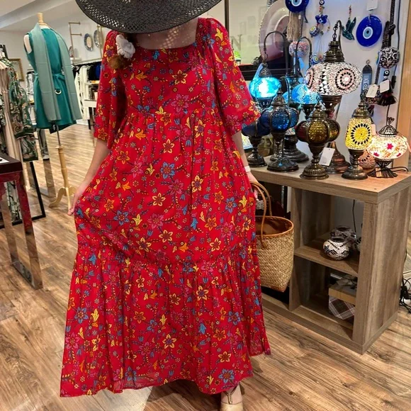 Cicek maxi red cotton dress, %100 cotton, cotton lined,